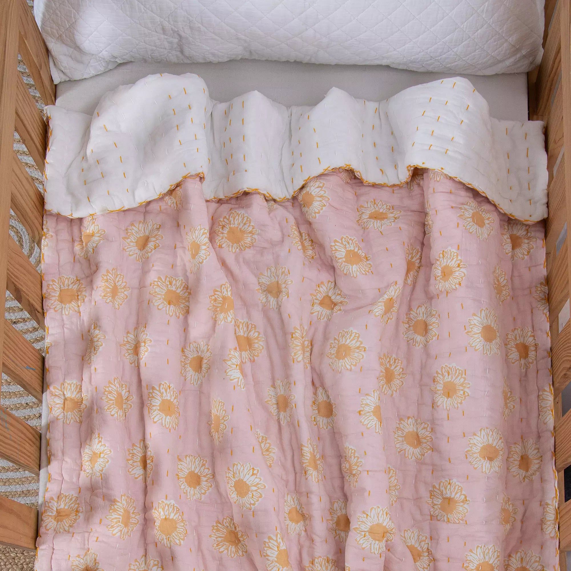 Natural Floral Cotton Hand Block Print Kantha Baby Quilt 089